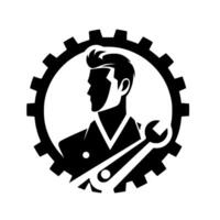 A stylized black and white illustration of a mechanic figure within a gear, holding a wrench, symbolizing industry and service. vector