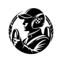 Silhouette of a race car driver in profile, gripping the steering wheel, framed within a laurel wreath, wearing helmet with checkered details. vector
