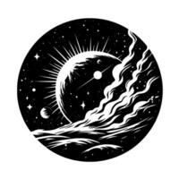 Monochrome cosmic illustration of a celestial body with radiating lines, a smaller planet, stars, swirling clouds, and what appears to be a spaceship, all within a circular frame. vector