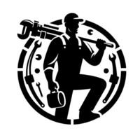 Black and white illustration of a plumber kneeling within a circular design, holding tools large wrench, toolbox, and surrounded by wrenches, representing plumbing services. vector