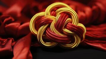 A red and yellow knot is on a red background photo