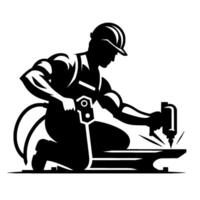 Silhouette of a kneeling construction worker with a helmet, using a pneumatic tool on an anvil, generating sparks, in a dynamic monochrome composition. vector