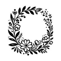 Elegant black and white floral wreath featuring stylized flowers, leaves, and berries in a circular arrangement on a clean white background. vector