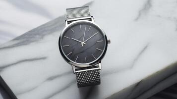 A silver watch with a black face sits on a marble surface photo