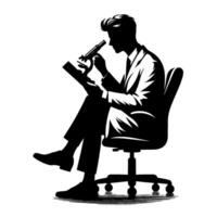 Silhouette of a researcher seated, examining slide through microscope in a laboratory, art. vector