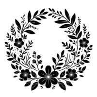 A monochromatic floral wreath, featuring a circular arrangement of stylized flowers, leaves, and branches, creating an elegant and symmetrical on a white background. vector