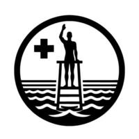 A lifeguard silhouette raises a hand in the sun, in a style of circular black and white artwork with water and a cross. vector