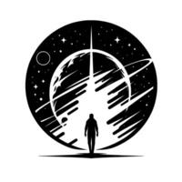 A lone figure stands before a celestial sphere, symbolizing exploration and the vastness of the cosmos, encapsulated within a minimalist, monochromatic design. vector