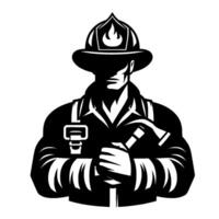 Bold monochrome silhouette of a firefighter in uniform, holding a hammer, emphasizing strength and bravery. vector