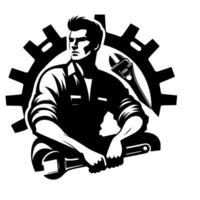 A bold black and white illustration of a mechanic with a determined gaze, holding wrenches with a gear in the background, emphasizing skill. vector