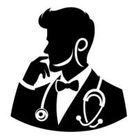 Silhouette of a contemplative doctor in a suit and bowtie, complete with stethoscope, rendered in a clean, modern, blackandwhite design. vector