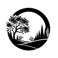 A circular, minimalist black and white landscape illustration, featuring a large tree, stylized forest, and rolling hills. vector