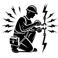 A silhouetted electrician kneeling, repairing a wire with lightning bolt surrounding, with toolbox, reflecting electrical danger in art vector