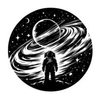 A solitary astronaut stands on a lunar surface, gazing at a swirling, ringed planet set against a starry black night sky, enclosed within a circular frame. vector