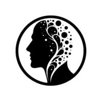 Silhouetted head profile encircled, revealing cognitive landscape adorned with branching tendrils, dot patterns. vector