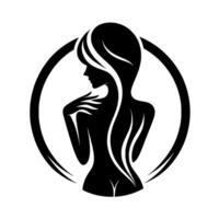 Elegant silhouette a sleek, minimalist, blackandwhite depiction of a womans profile and back, framed within a circular design, showcasing flowing hair and graceful hand placement. vector