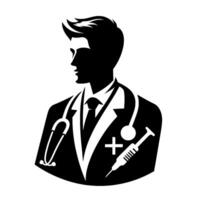Stylized silhouette of a doctor a medical professional in a classic pose, wearing a stethoscope and holding a syringe with a plus symbol, promoting healthcare. vector