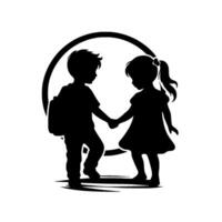Silhouette of a young boy with a backpack and a girl holding hands within a circular frame, suggesting friendship and school. vector
