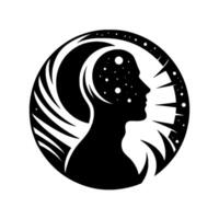 A stylized illustration depicting a human head with a starry cosmos within, encircled by abstract elements, symbolizing thought and the universe. vector