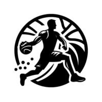 Dynamic silhouette of a basketball player dribbling and leaping within a stylized circular emblem, emphasizing action and motion. vector