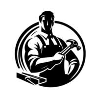 Robust black and white of a carpenter holding hammer and tool, encircled by lines, a symbol of skill and craftsmanship. vector