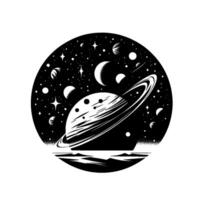 Stellar symphony a monochrome panorama of a ringed planet, surrounded by celestial bodies and stars, contained within a circular frame, above a textured horizon. vector
