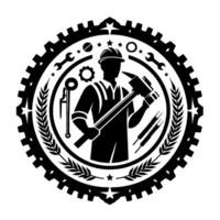 Monochrome industrial emblem a stylized silhouette of a worker with tools inside a gearshaped border, signifying labor and craftsmanship. vector