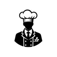 A silhouetted chef in formal attire and iconic toque, rendered in a minimalist black and white design. vector