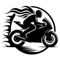 Silhouette of a motorcycle rider in a sleek, streamlined bike, engulfed in stylized flames and a circular frame, conveying speed and power. vector