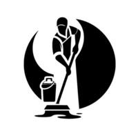 Silhouetted cleaner mopping floor in black and white with lunar crescent backdrop and bucket. vector