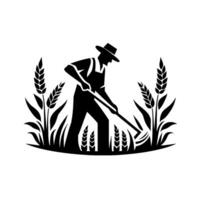 Silhouette of a farmer harvesting wheat with a scythe, set within a stylized wheat field against a white background. vector