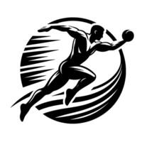 Dynamic black and white illustration of a handball player in action, leaping with a ball, integrated with elements, conveying motion. vector