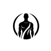 Bold black silhouette of a muscular human torso enclosed in a circular frame, showcasing strength and definition. vector