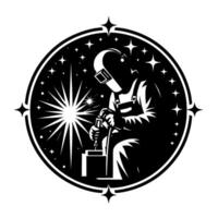 Black and white illustration of a welder in action inside a circular frame with a starfilled background, sparks emanating from the welding torch. vector