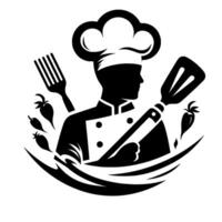 Silhouette of a chef in a toque holding a spatula, accompanied by a fork and surrounded by vegetables, all framed by a stylized curve, evoking culinary expertise. vector