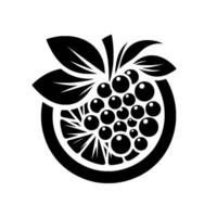 Stylized black and white illustration of a fruit composition a grape cluster nestled inside a citrus slice, adorned with leaves. vector
