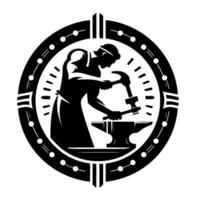 A black and white silhouette depicting a blacksmith at work inside a circular emblem with decorative elements. vector