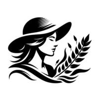Elegant silhouette of a woman in a sun hat, profile view, complemented by botanical elements, in black and white vector