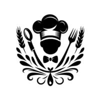 A stylized, monochrome featuring a chefs hat, bowtie, and utensils intertwined with wheat, embodying culinary excellence and craft. vector