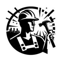A stylized black and white illustration depicting a construction worker with a hammer, framed by a circular featuring city silhouettes and radiating lines. vector