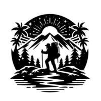 Silhouette of a hiker with a backpack navigating mountainous terrain, surrounded by pine trees, palm trees, and a starry sky, representing adventure. vector