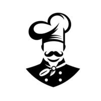 A stylized, blackandwhite illustration of a smiling chef, complete with a prominent mustache, tall hat, and a scarf, against a clean white background. vector