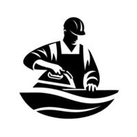 Stylized silhouette of a worker ironing, wearing a hard hat and apron, the iron resting on a curved surface, minimalist design. vector