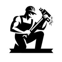 A stylized black and white illustration of a construction worker in overalls and a hard hat, kneeling and operating a jackhammer, with impact lines. vector