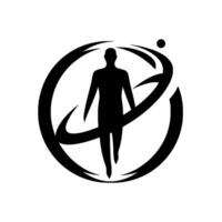 A minimalist depicting a human silhouette within a circular design, suggesting movement and forward motion, with a small sphere above. vector