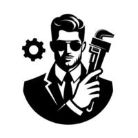 Sleek, silhouette portrait of a suave handyman in a suit, holding a wrench, with gear icon, expressing confidence. vector