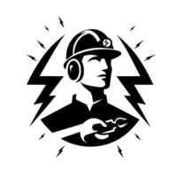 A stylized, monochromatic illustration of an electrician, depicted with a hard hat, lightning bolts, and a wrench, showcasing power and expertise in a simple, bold graphic. vector