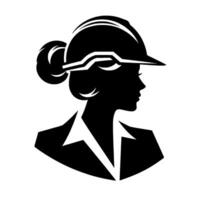 Silhouette of a female construction professional a black and white depicting a woman in a hard hat and blazer. vector