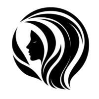 Elegant black silhouette of a womans profile surrounded by flowing hair within a circular composition on white background. vector