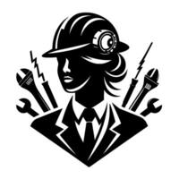 Empowering female engineer icon, rendered in bold monochrome, surrounded by tools of her trade, signifying strength and technical expertise. vector
